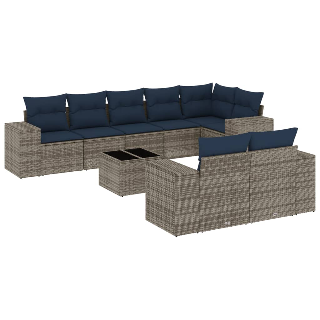 havesofasæt med 9 dele og hynder grå polyrattan