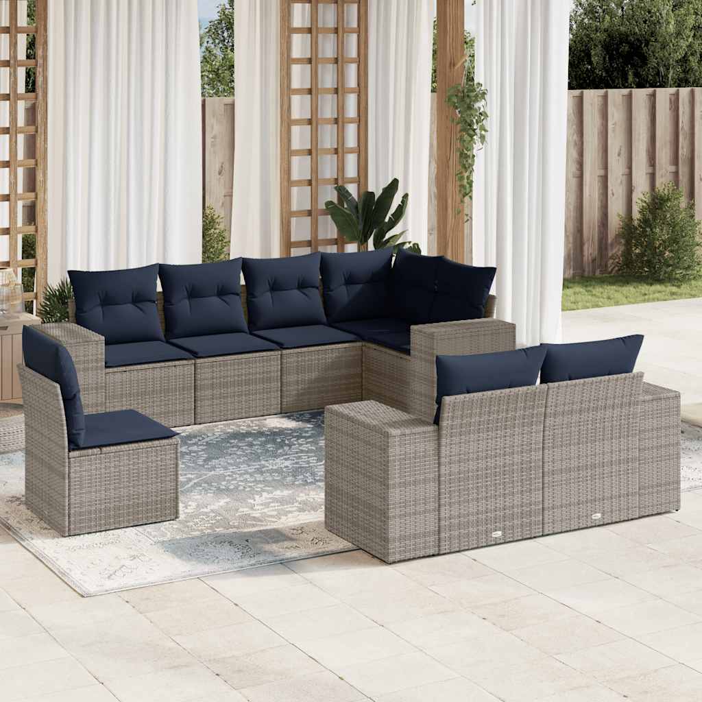 havesofasæt med 8 hynder grå polyrattan