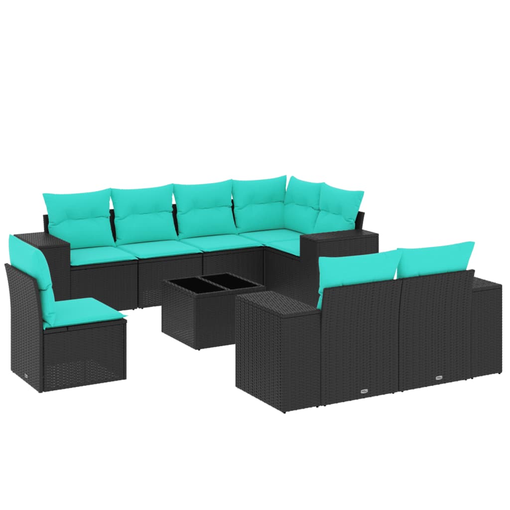 havesofasæt med 9 dele og hynder sort polyrattan