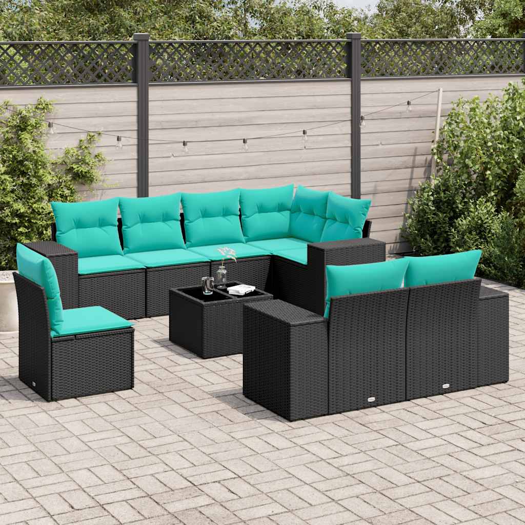 havesofasæt med 9 dele og hynder sort polyrattan
