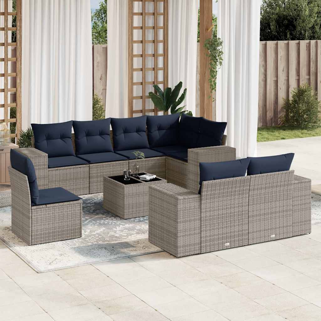 havesofasæt med 9 dele og hynder grå polyrattan