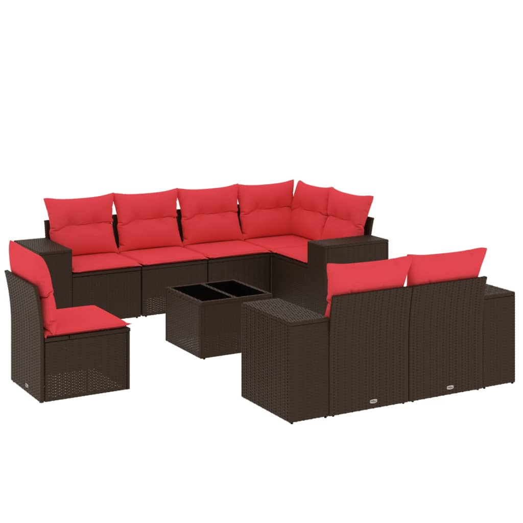 havesofasæt med 9 dele og hynder brun polyrattan