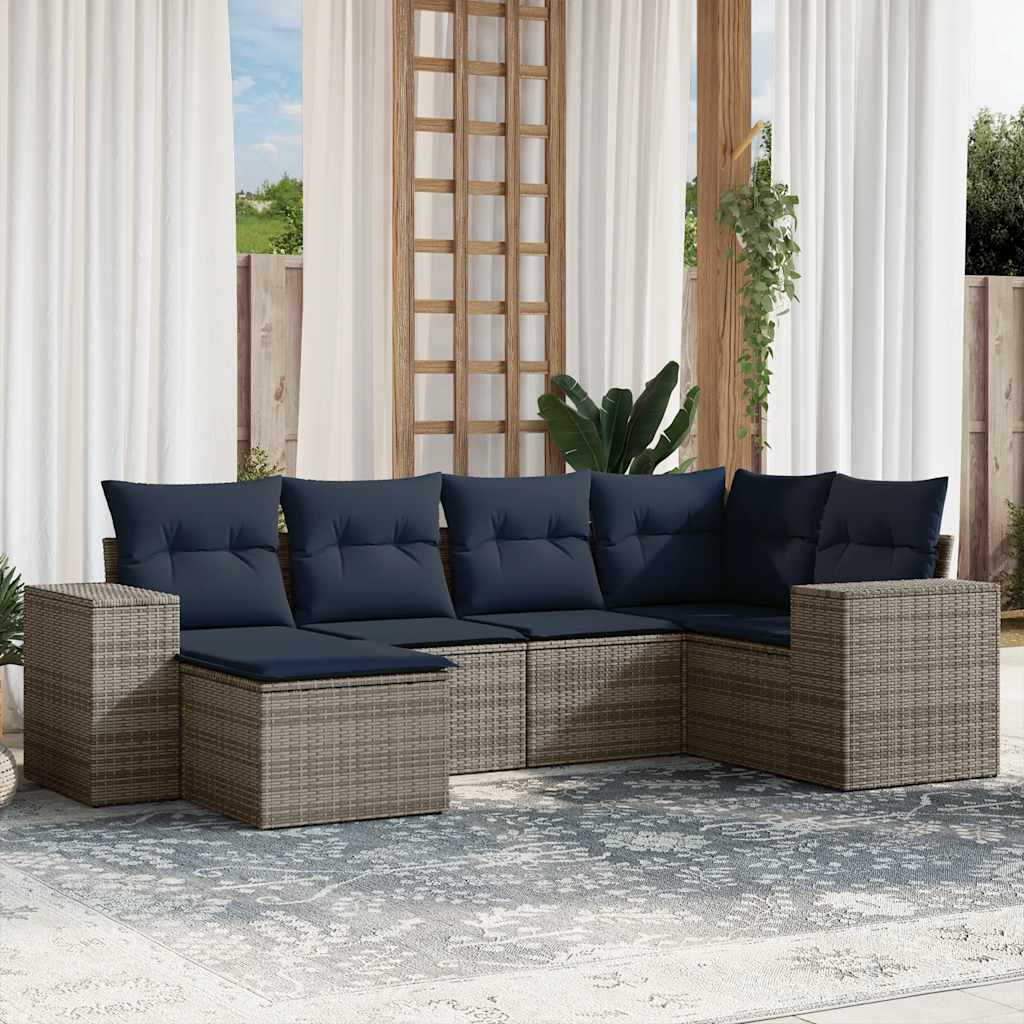 havesofasæt med 6 dele og hynder grå polyrattan