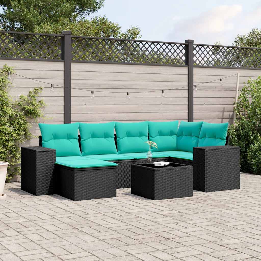 havesofasæt med 7 hynder sort polyrattan