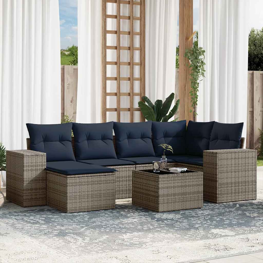 havesofasæt med 7 dele og hynder grå polyrattan
