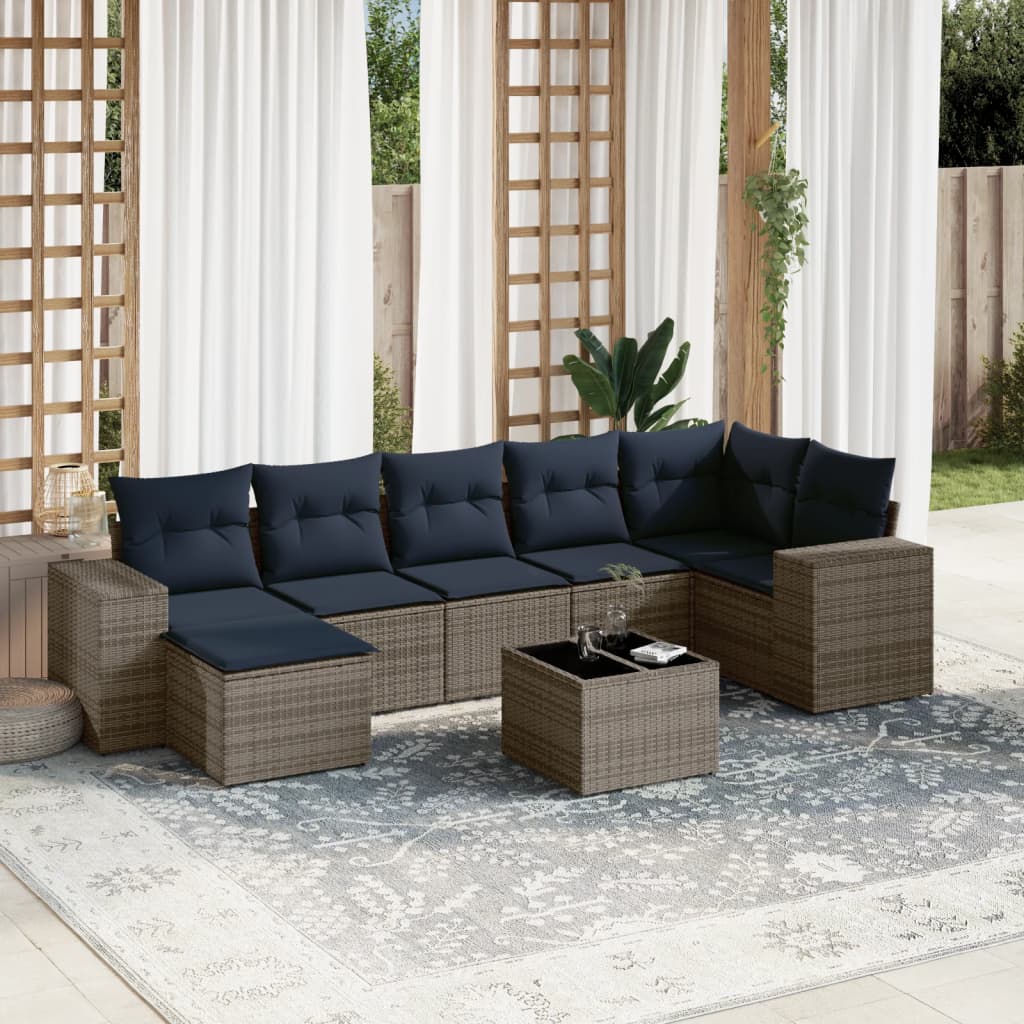 havesofasæt med 8 hynder grå polyrattan