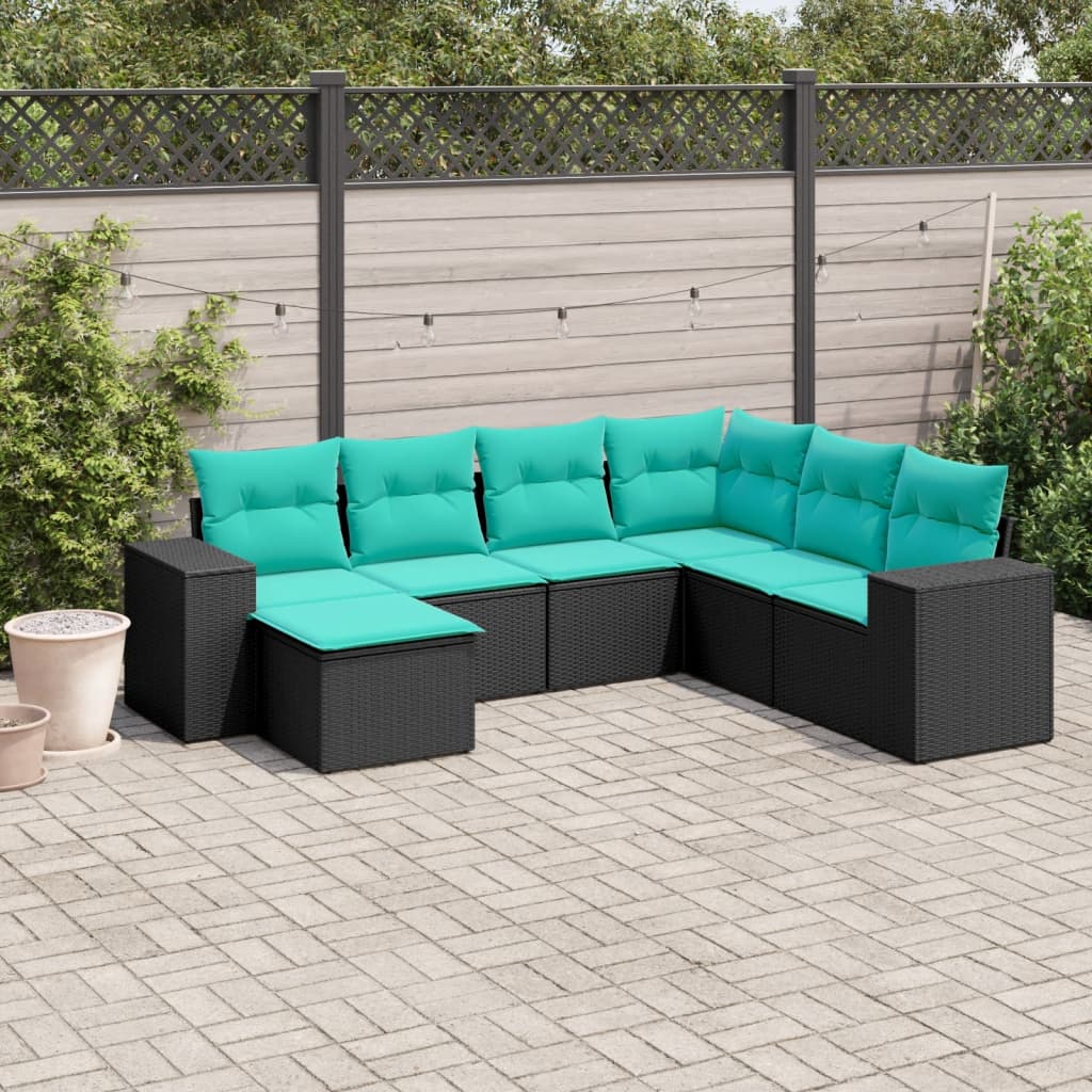 havesofasæt med 7 hynder sort polyrattan