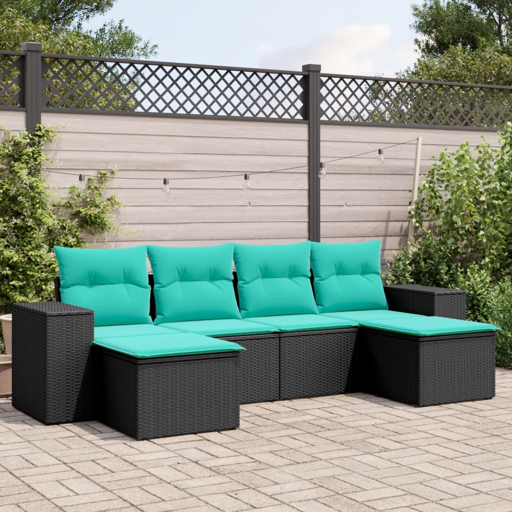 havesofasæt med 6 hynder sort polyrattan