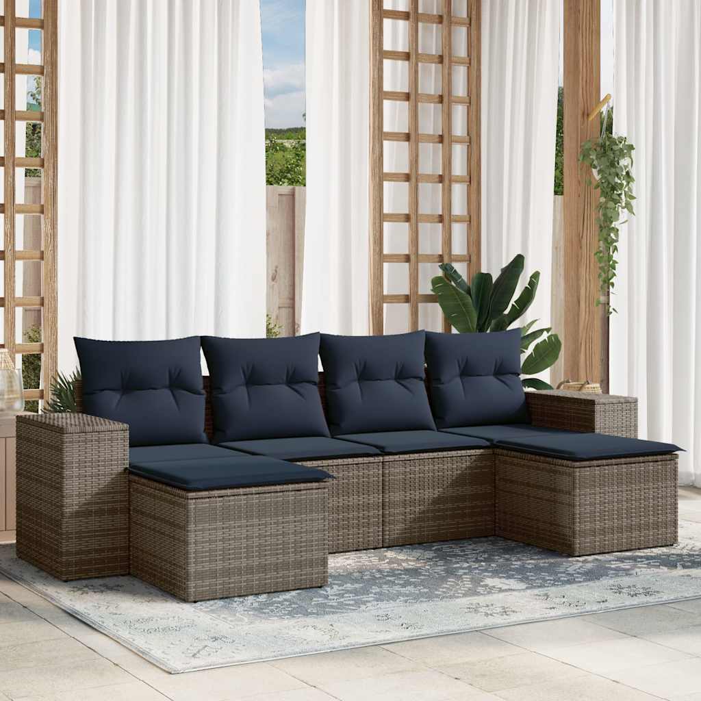 havesofasæt med 6 dele og hynder grå polyrattan