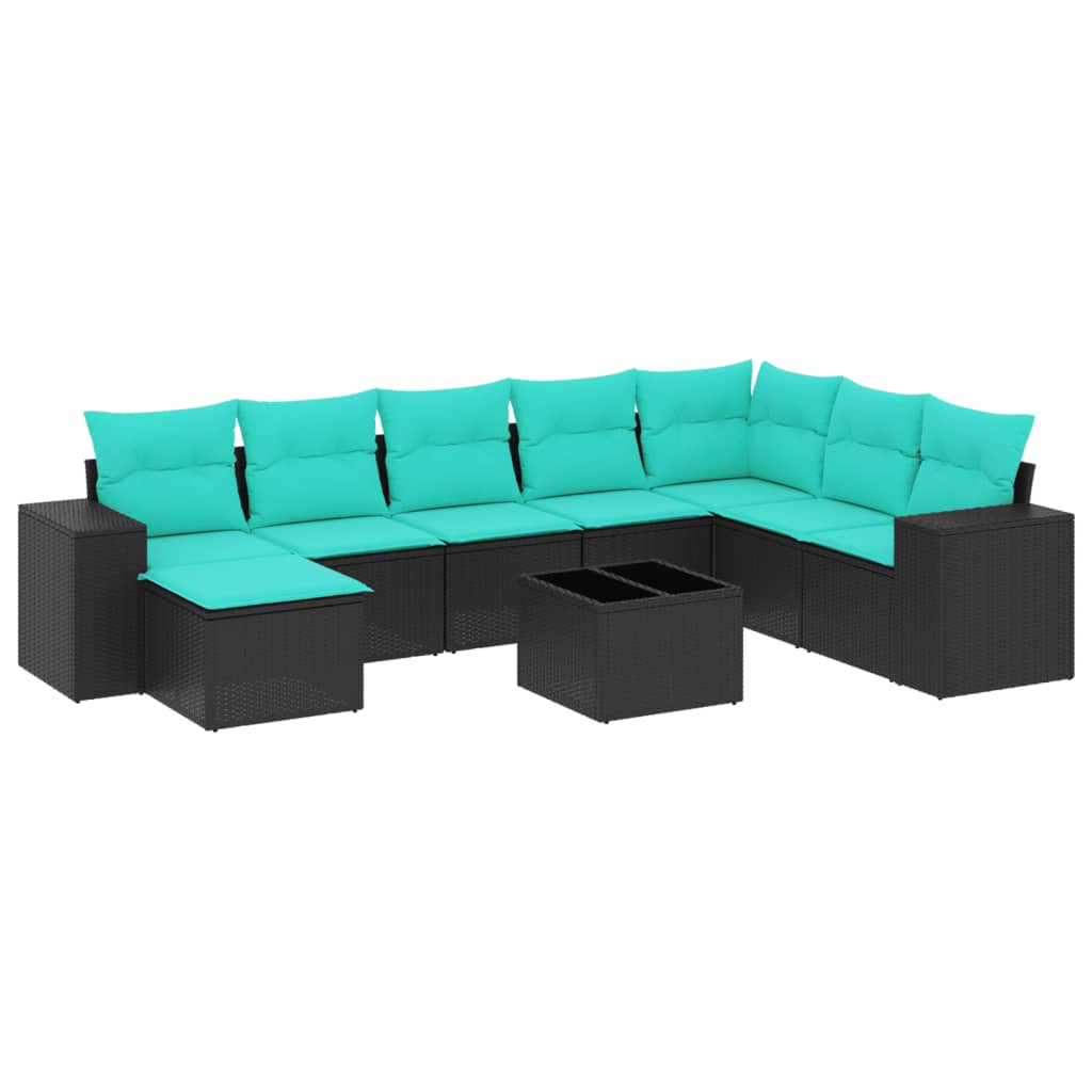 havesofasæt med 9 dele og hynder sort polyrattan