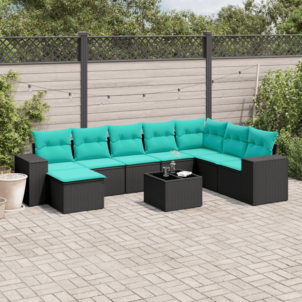 havesofasæt med 9 dele og hynder sort polyrattan