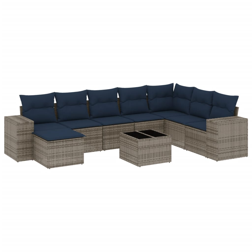 havesofasæt med 9 dele og hynder grå polyrattan