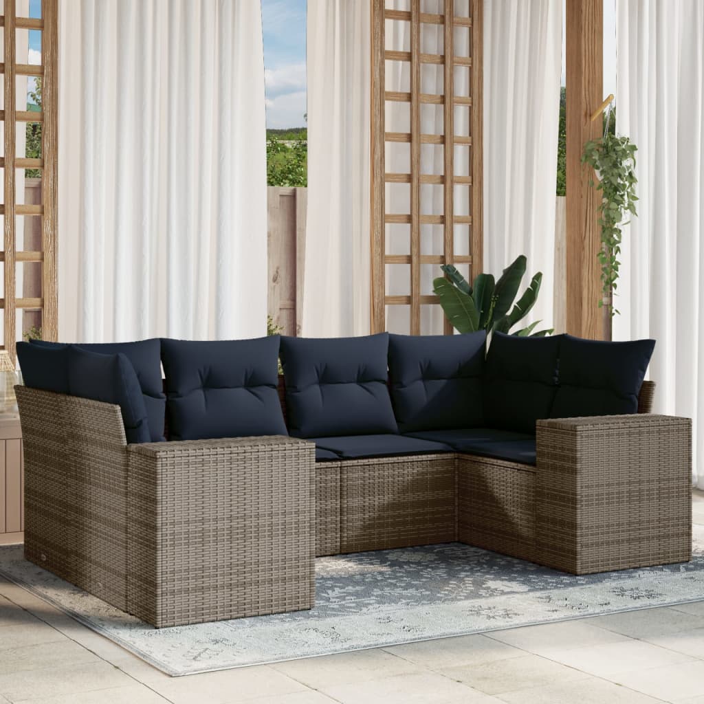 havesofasæt med 6 dele og hynder grå polyrattan