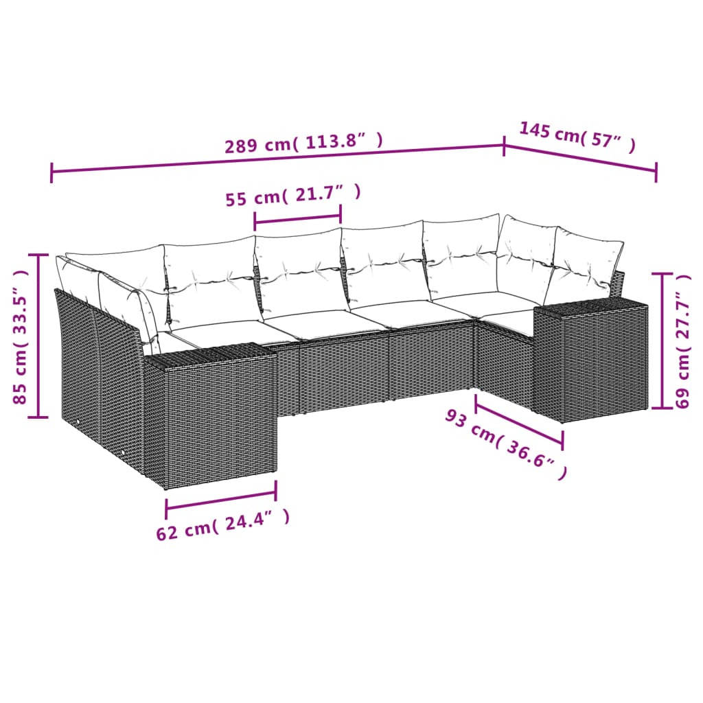 havesofasæt med 7 dele og hynder grå polyrattan