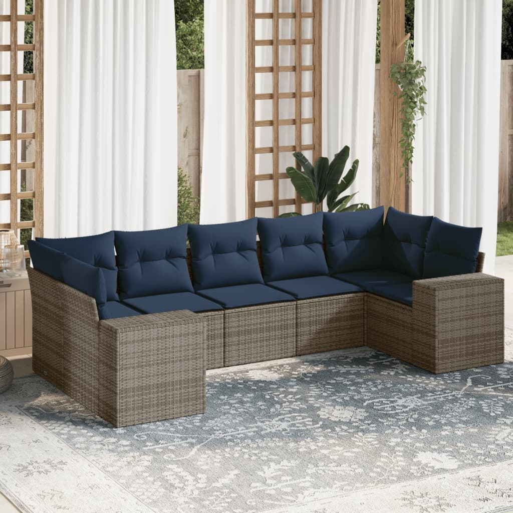 havesofasæt med 7 dele og hynder grå polyrattan