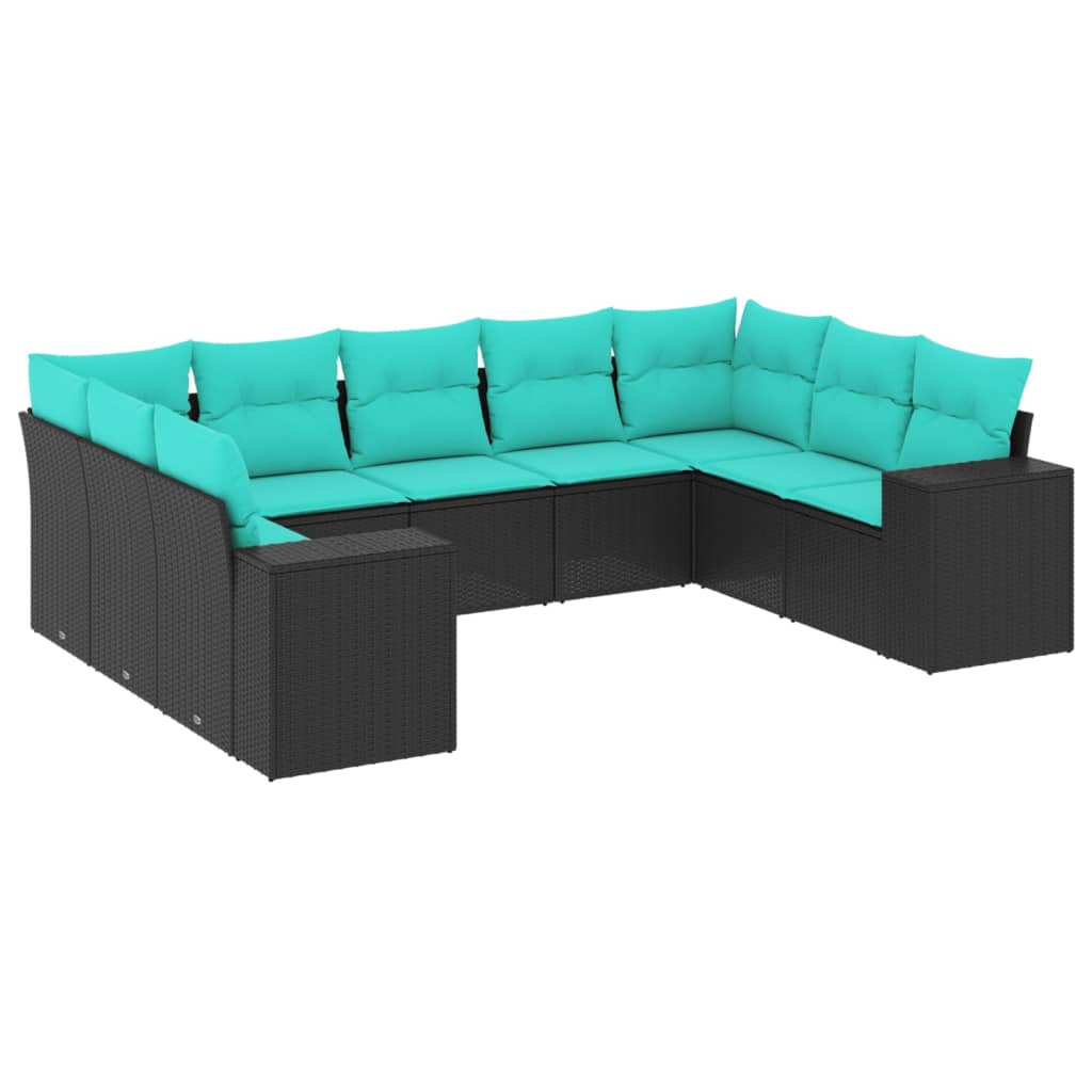havesofasæt med 9 dele og hynder sort polyrattan