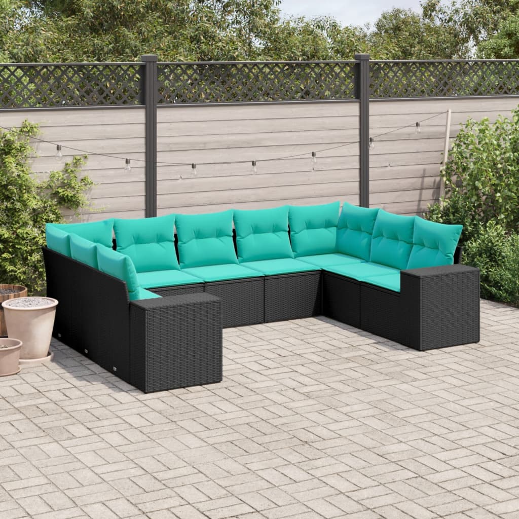 havesofasæt med 9 dele og hynder sort polyrattan