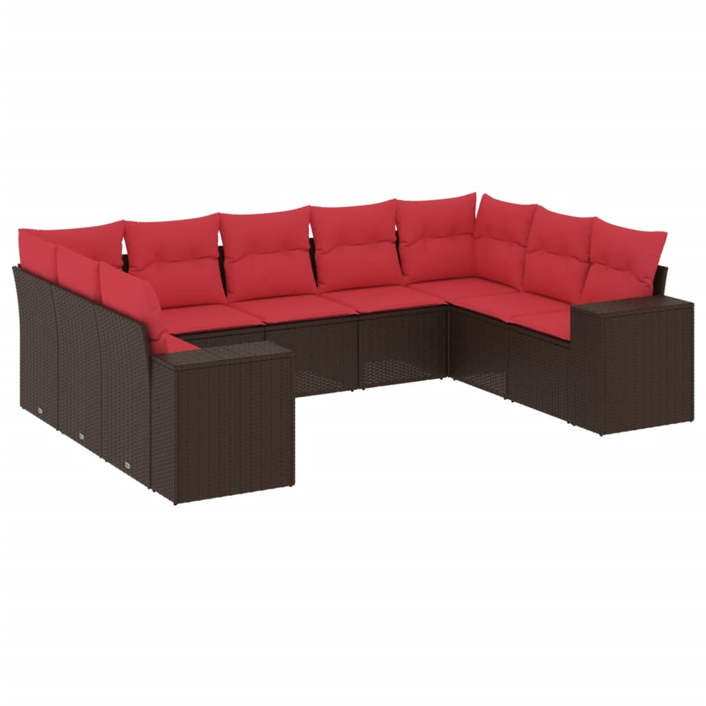 havesofasæt med 9 dele og hynder brun polyrattan