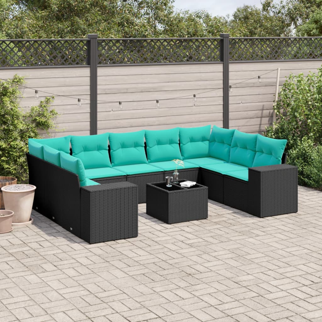 havesofasæt med 10 hynder sort polyrattan
