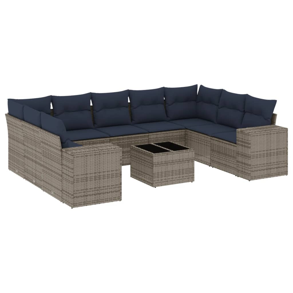 havesofasæt med 10 dele og hynder grå polyrattan