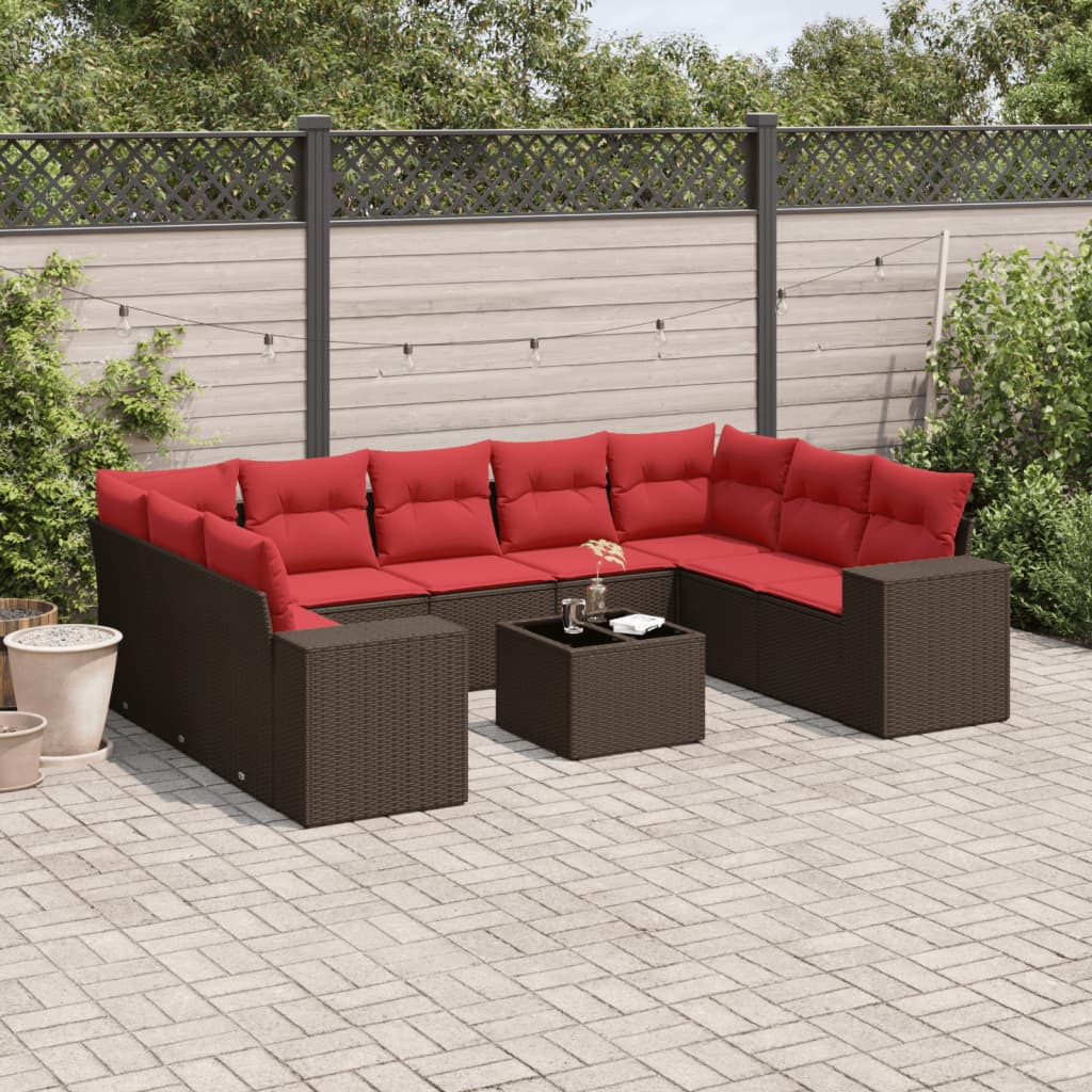havesofasæt med 10 hynder brun polyrattan
