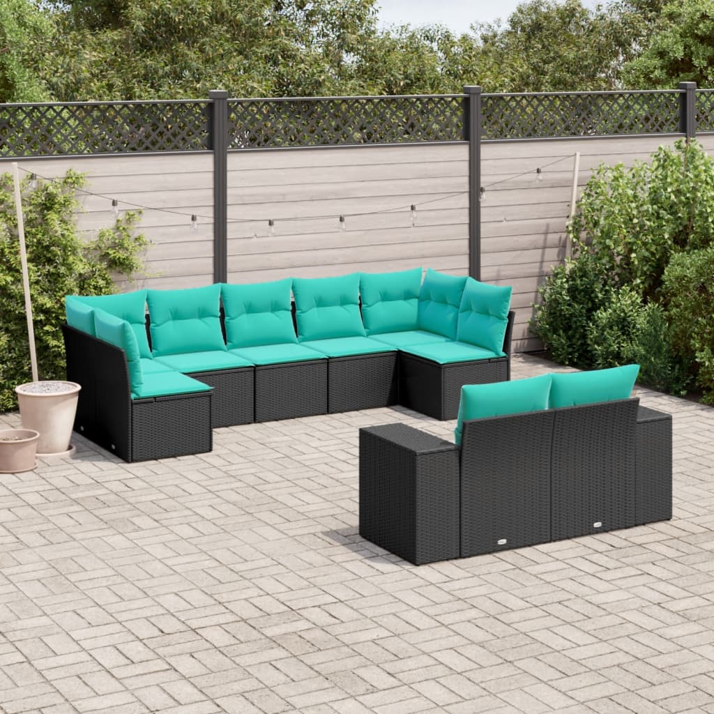 havesofasæt med 9 dele og hynder sort polyrattan