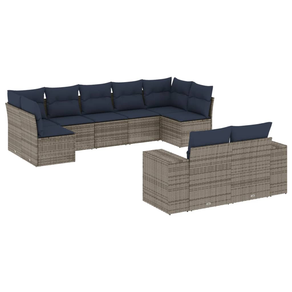 havesofasæt med 9 dele og hynder grå polyrattan