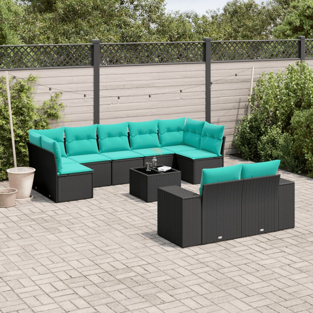 havesofasæt med 10 hynder sort polyrattan