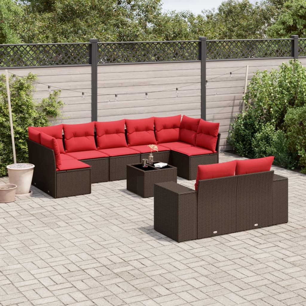 havesofasæt med 10 hynder brun polyrattan