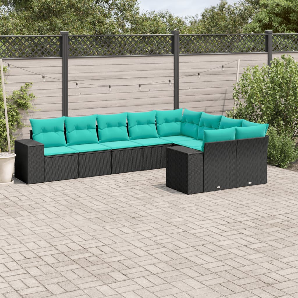 havesofasæt med 9 dele og hynder sort polyrattan