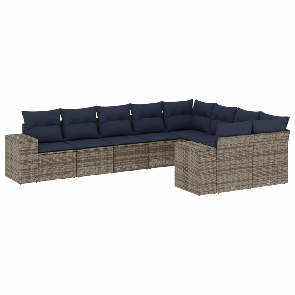 havesofasæt med 9 dele og hynder grå polyrattan