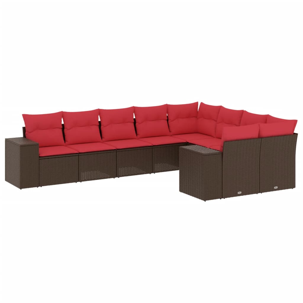 havesofasæt med 9 dele og hynder brun polyrattan