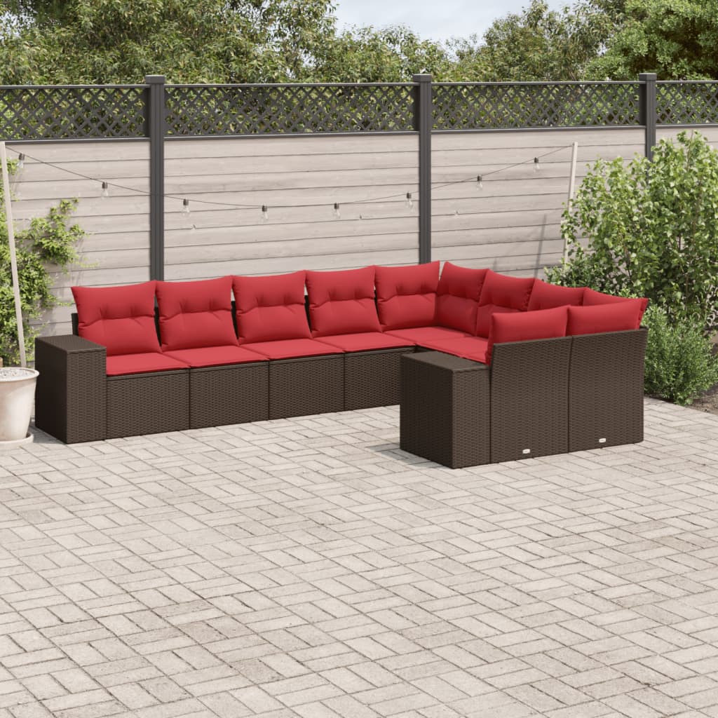 havesofasæt med 9 dele og hynder brun polyrattan