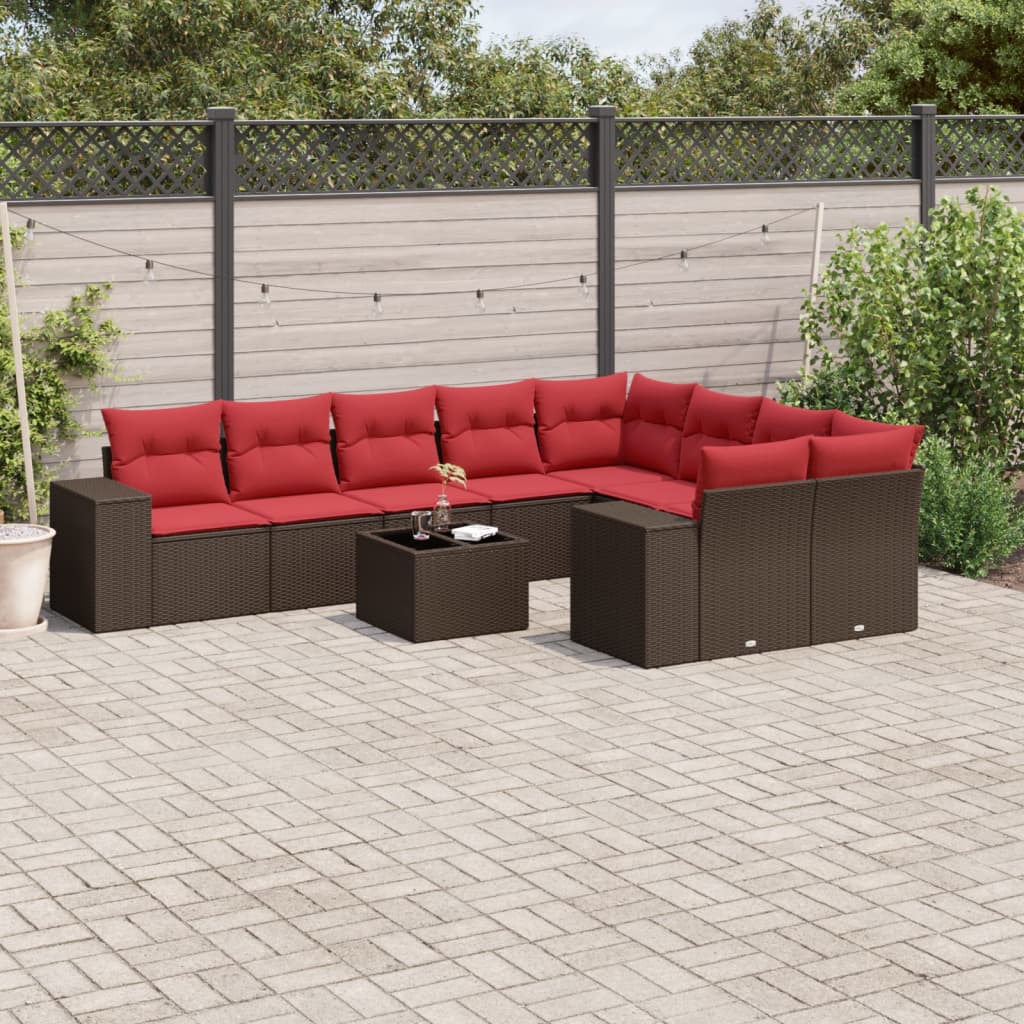 havesofasæt med 10 hynder brun polyrattan
