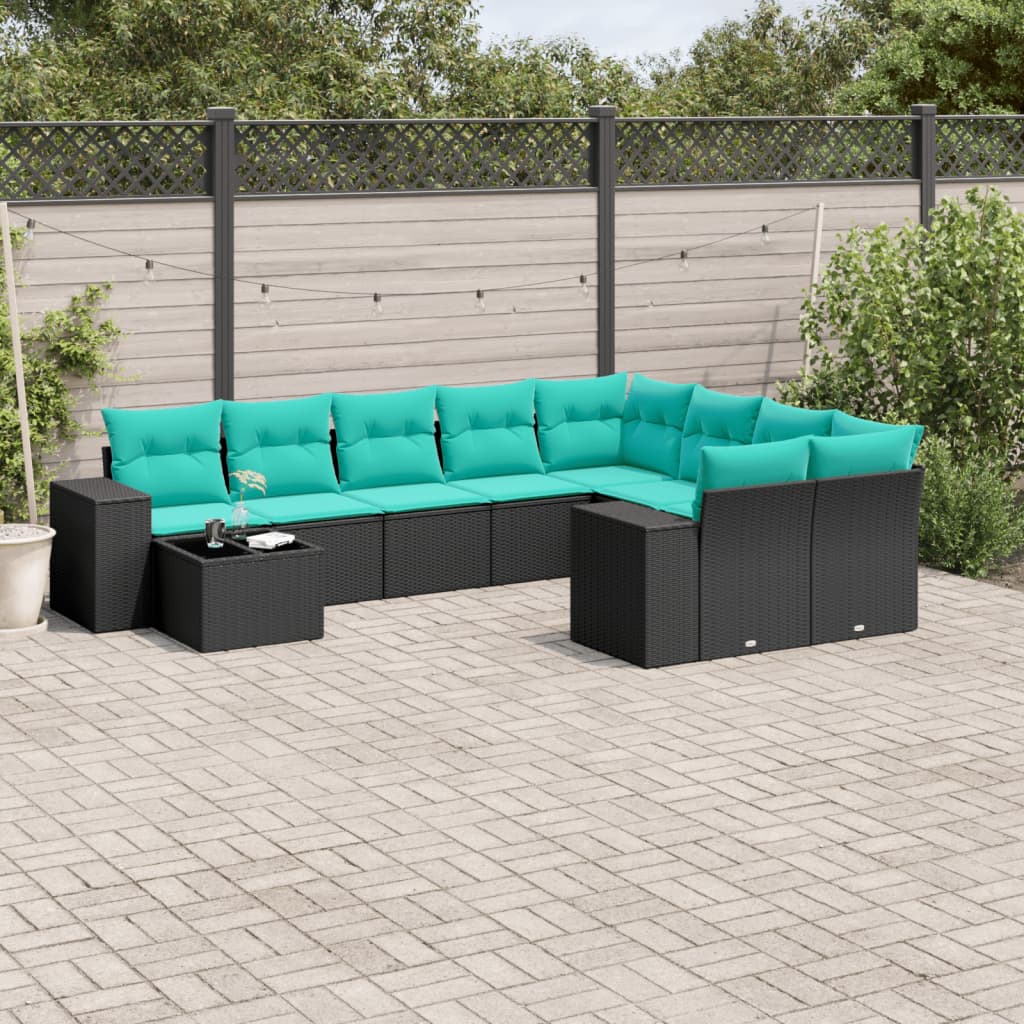 havesofasæt med 10 hynder sort polyrattan
