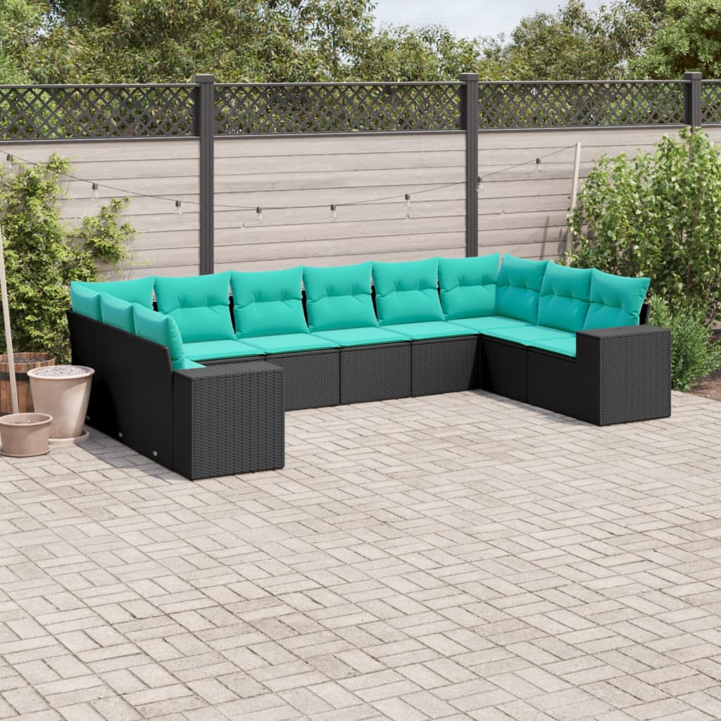 havesofasæt med 10 hynder sort polyrattan
