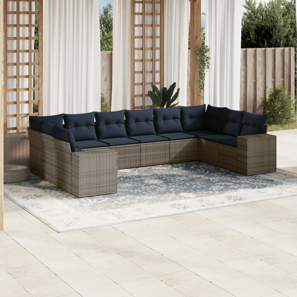 havesofasæt med 10 dele og hynder grå polyrattan