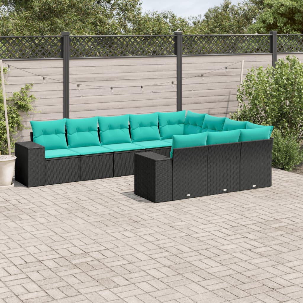 havesofasæt med 10 hynder sort polyrattan