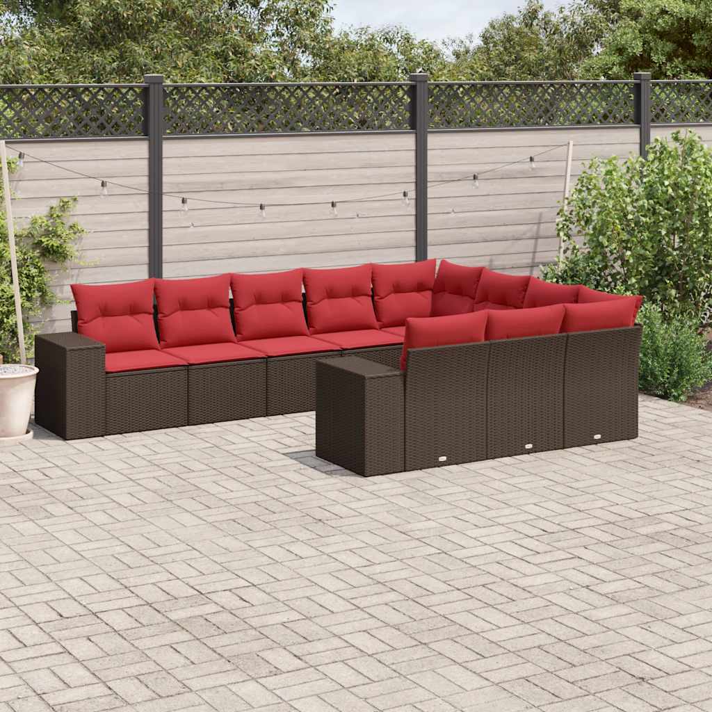havesofasæt med 10 hynder brun polyrattan