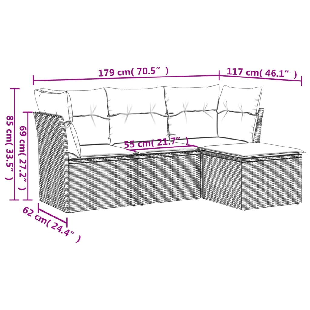sofasæt til haven 4 dele med hynder polyrattan grå