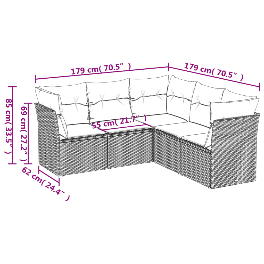 sofasæt til haven 5 dele med hynder polyrattan brun