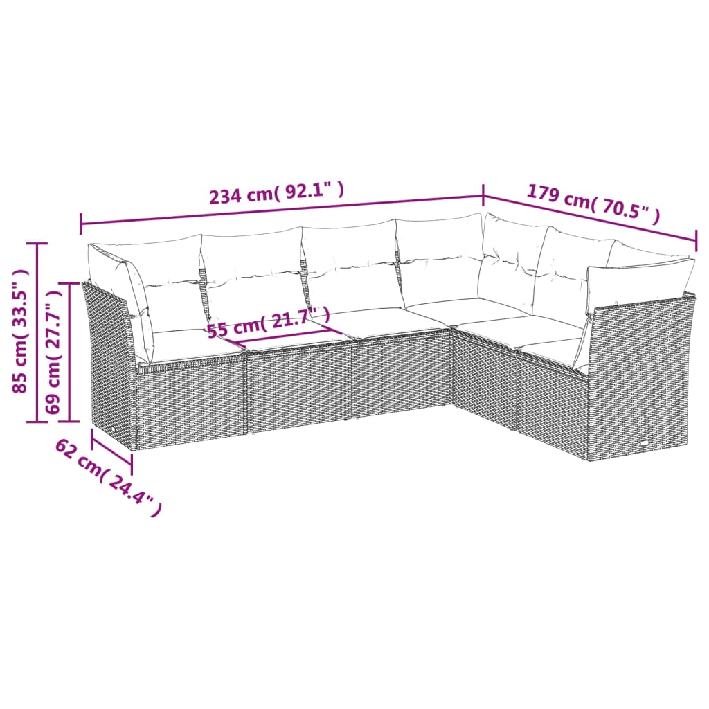 sofasæt til haven 6 dele med hynder polyrattan grå