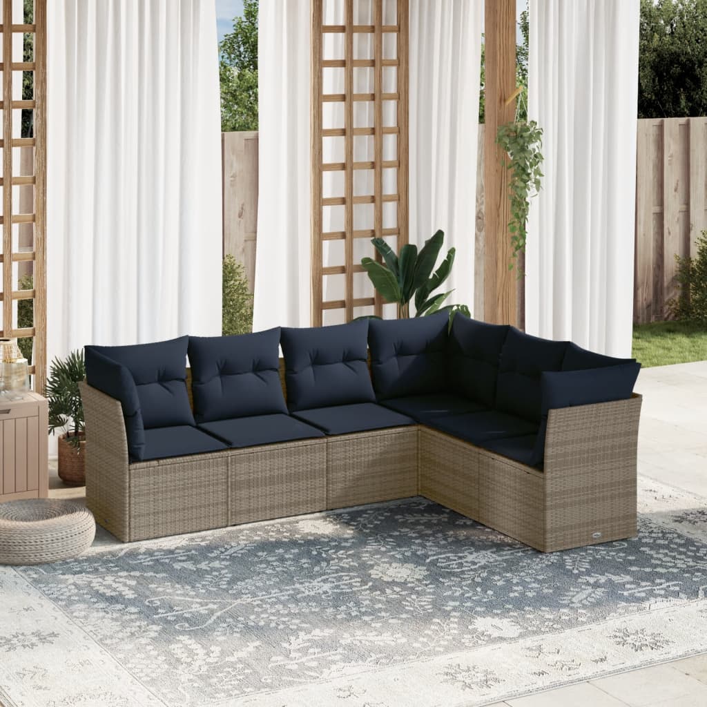 havesofasæt med 6 dele og hynder grå polyrattan