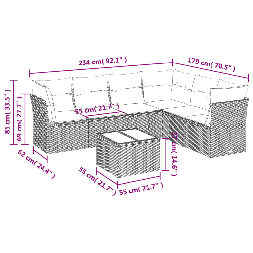 havesofasæt med 7 dele og hynder grå polyrattan
