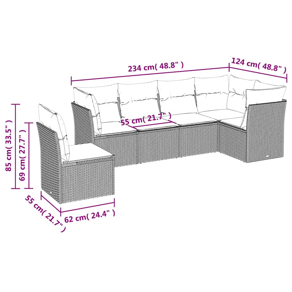 sofasæt til haven 6 dele med hynder polyrattan sort