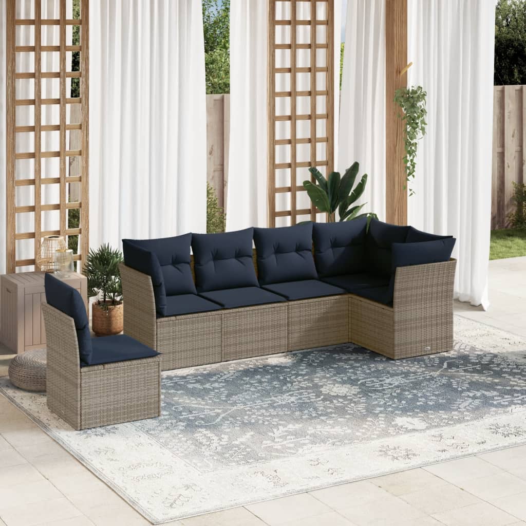 havesofasæt med 6 dele og hynder grå polyrattan