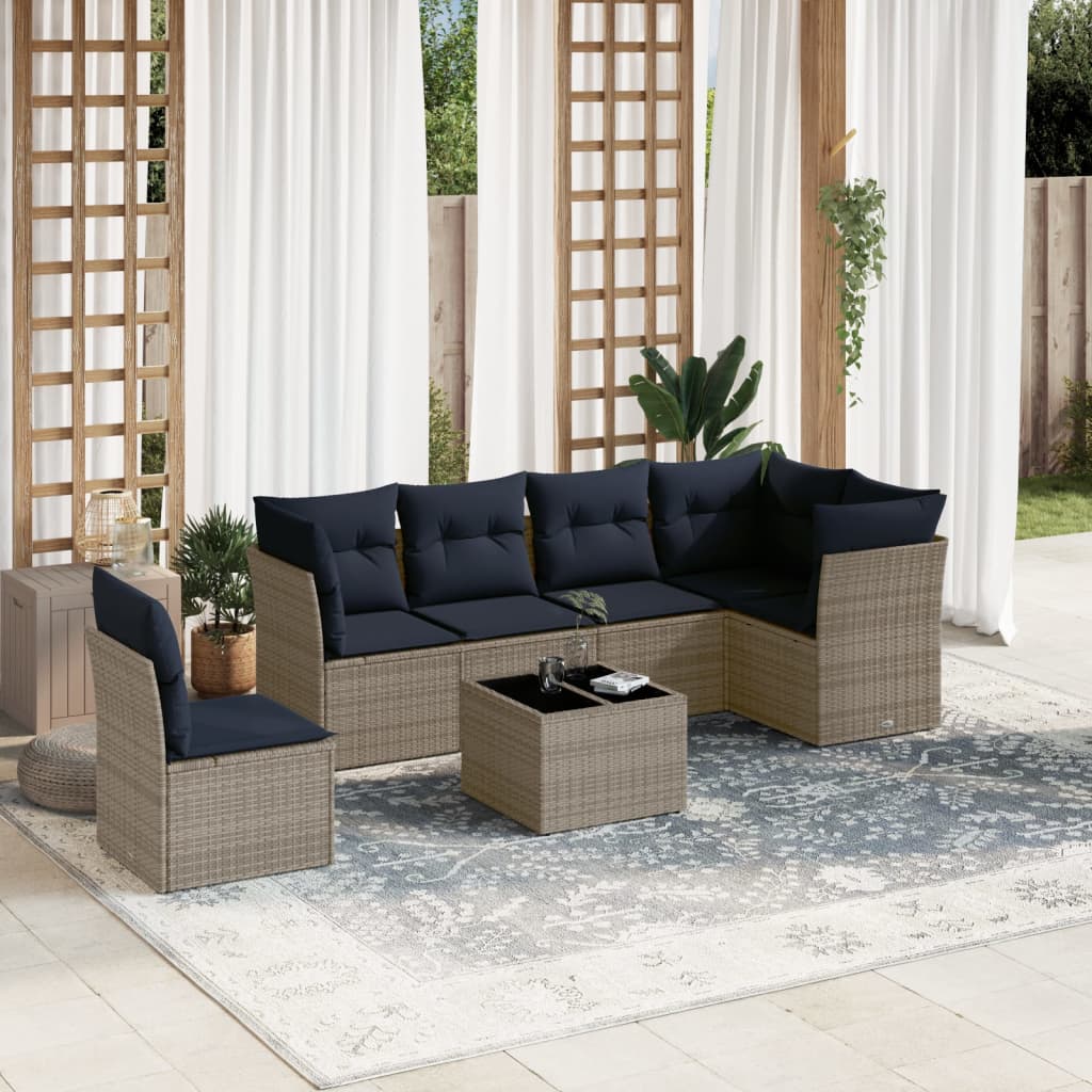 havesofasæt med 7 dele og hynder grå polyrattan