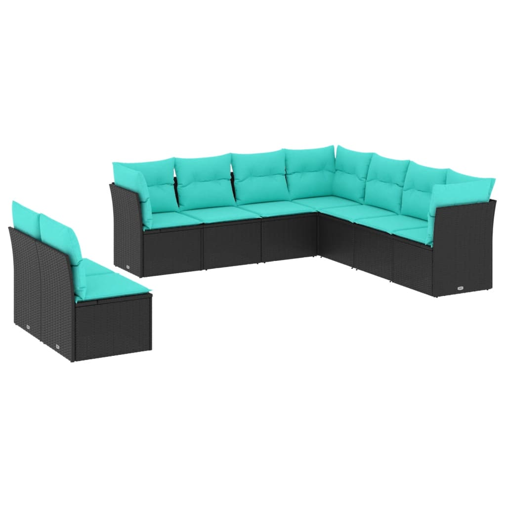 havesofasæt med 9 dele og hynder sort polyrattan