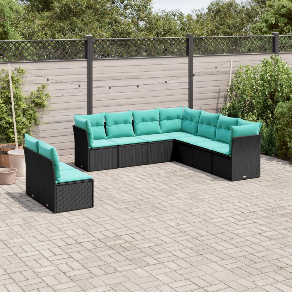 havesofasæt med 9 dele og hynder sort polyrattan