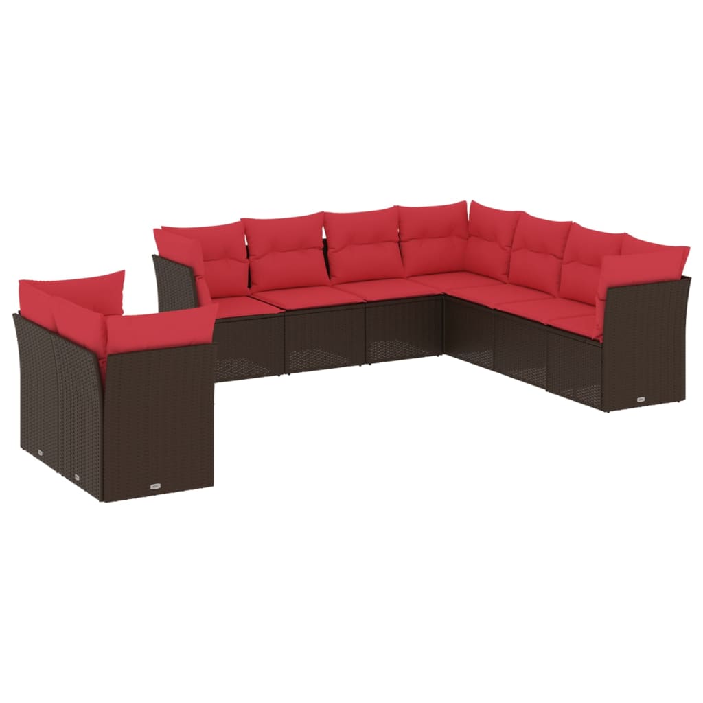 havesofasæt med 9 dele og hynder brun polyrattan